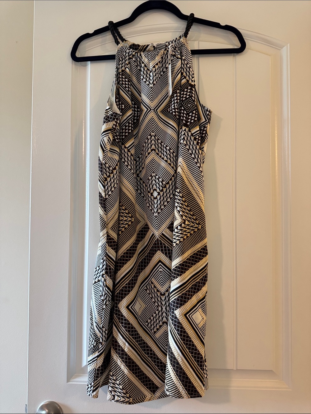 C Black & Cream Geometric Halter Midi Dress